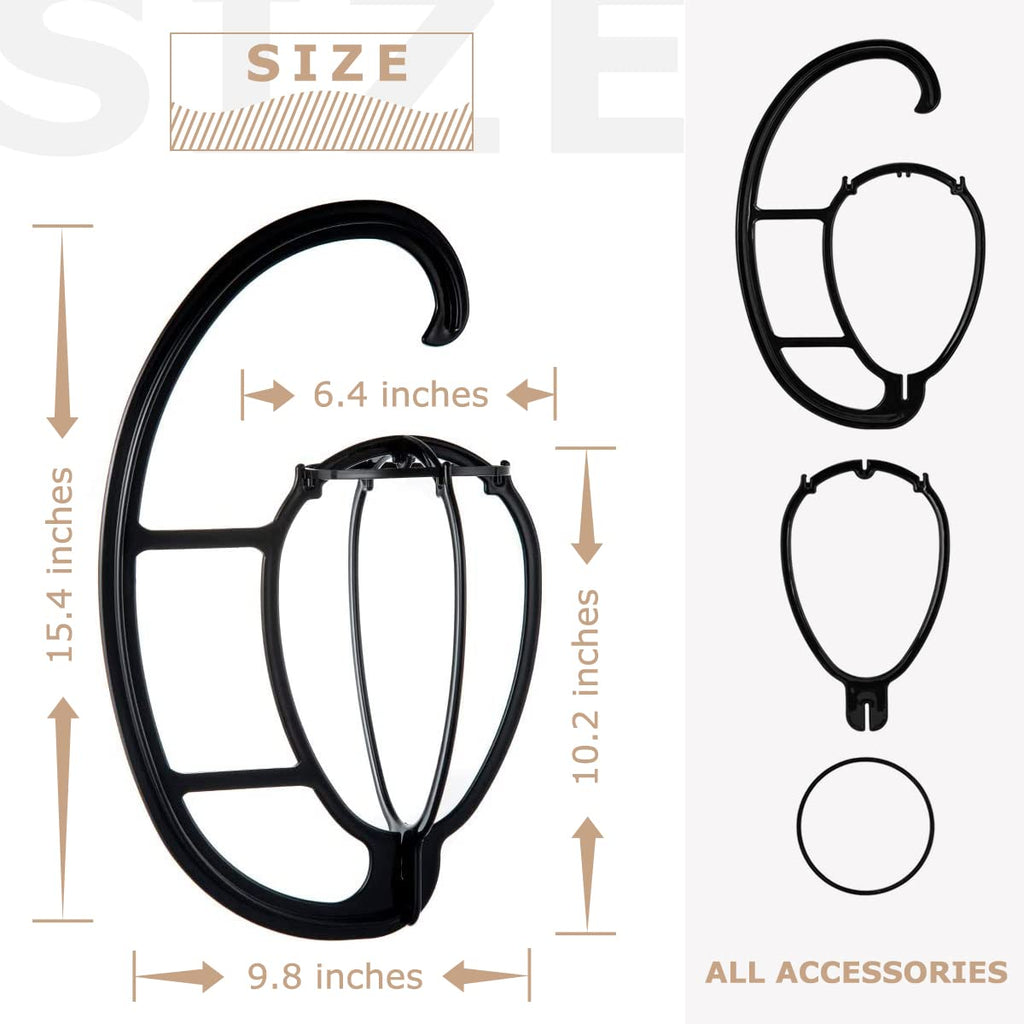 Black portable wig hanger hanging inside a closet holding a long hairpiece.