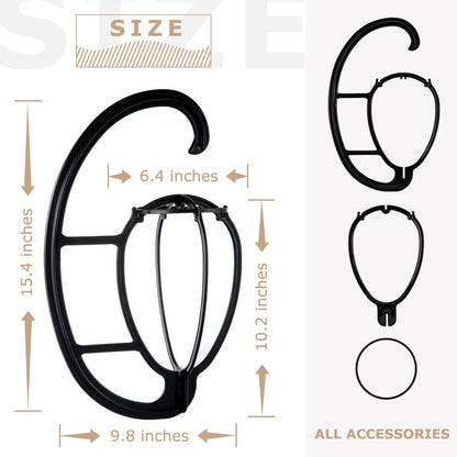 Black portable wig hanger hanging inside a closet holding a long hairpiece.