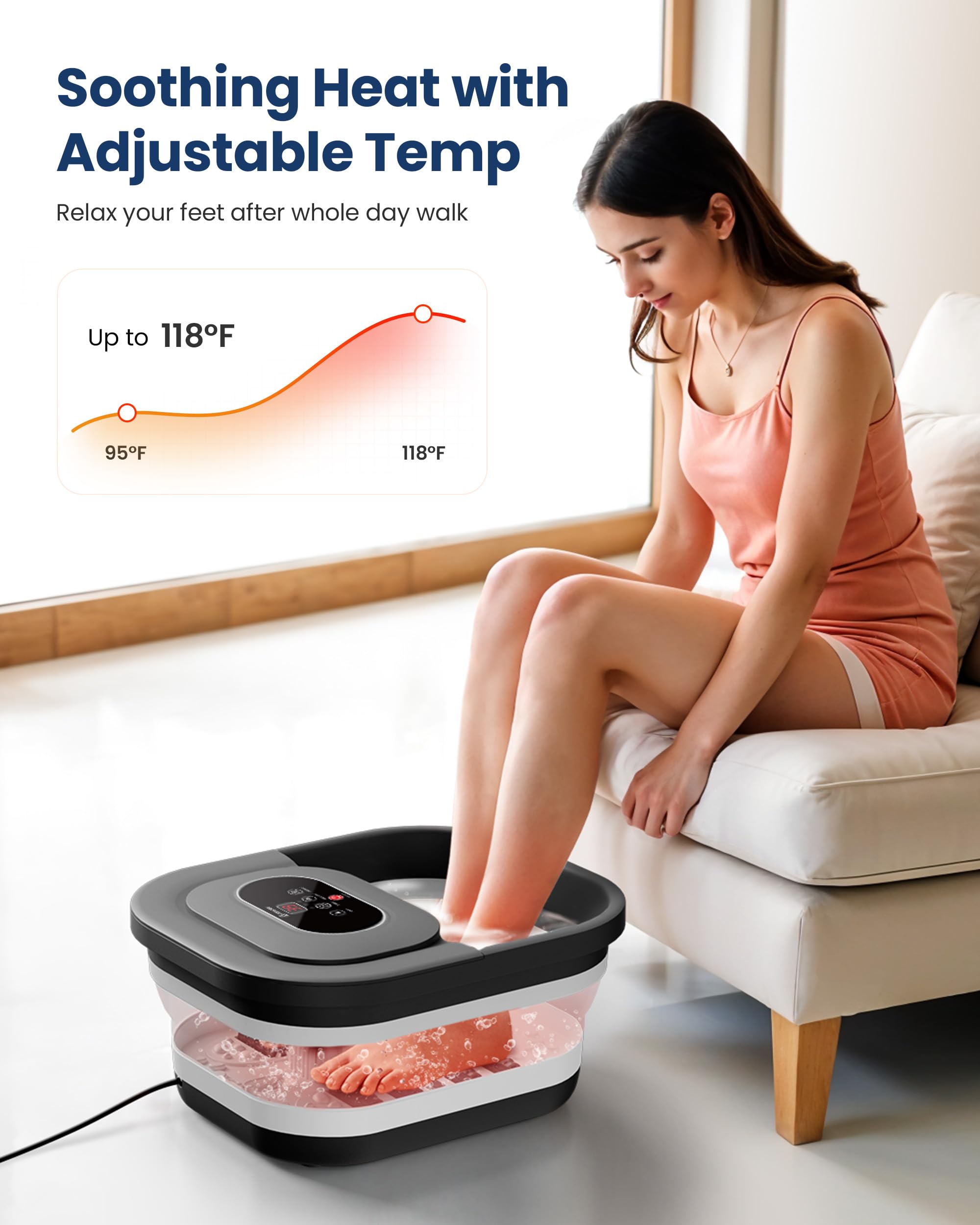 Comfier foot spa massager showing digital temperature control panel