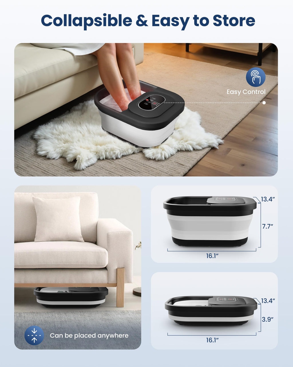 Side profile of the black and white foldable foot spa tub