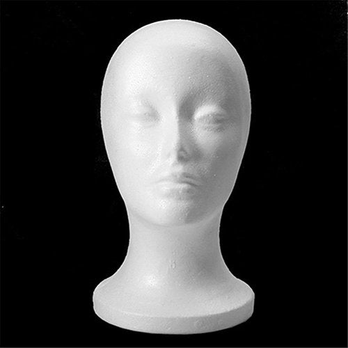 Side profile of white styrofoam dummy head stand for displaying women hats and sunglasses