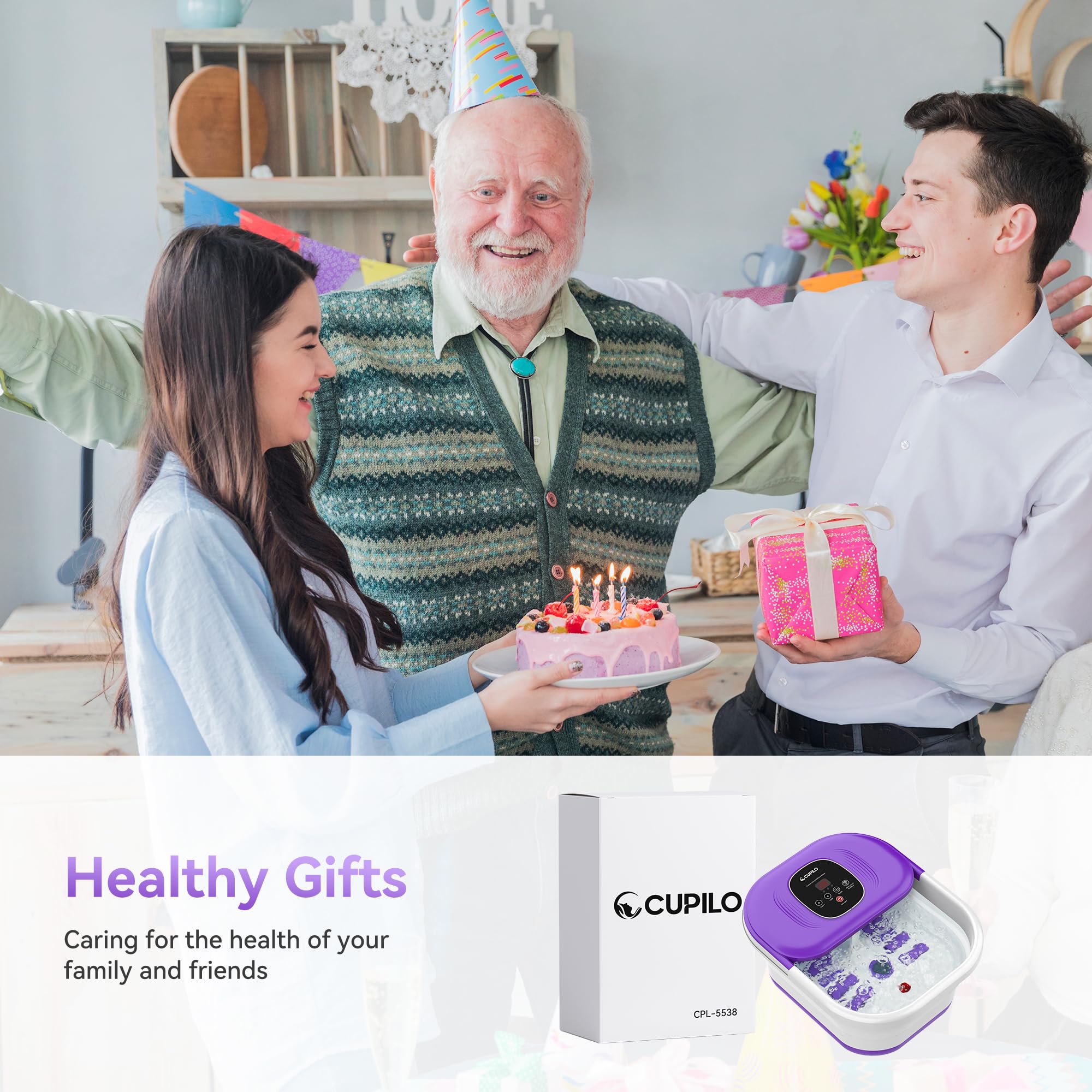 Purple Cupilo foot massager tub showing digital control panel