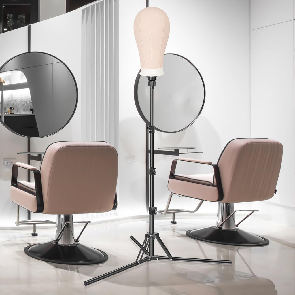 Angled view of the premium metallic cosmetology stand illustrating the reverse foldable tripod legs.