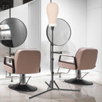 Angled view of the premium metallic cosmetology stand illustrating the reverse foldable tripod legs.