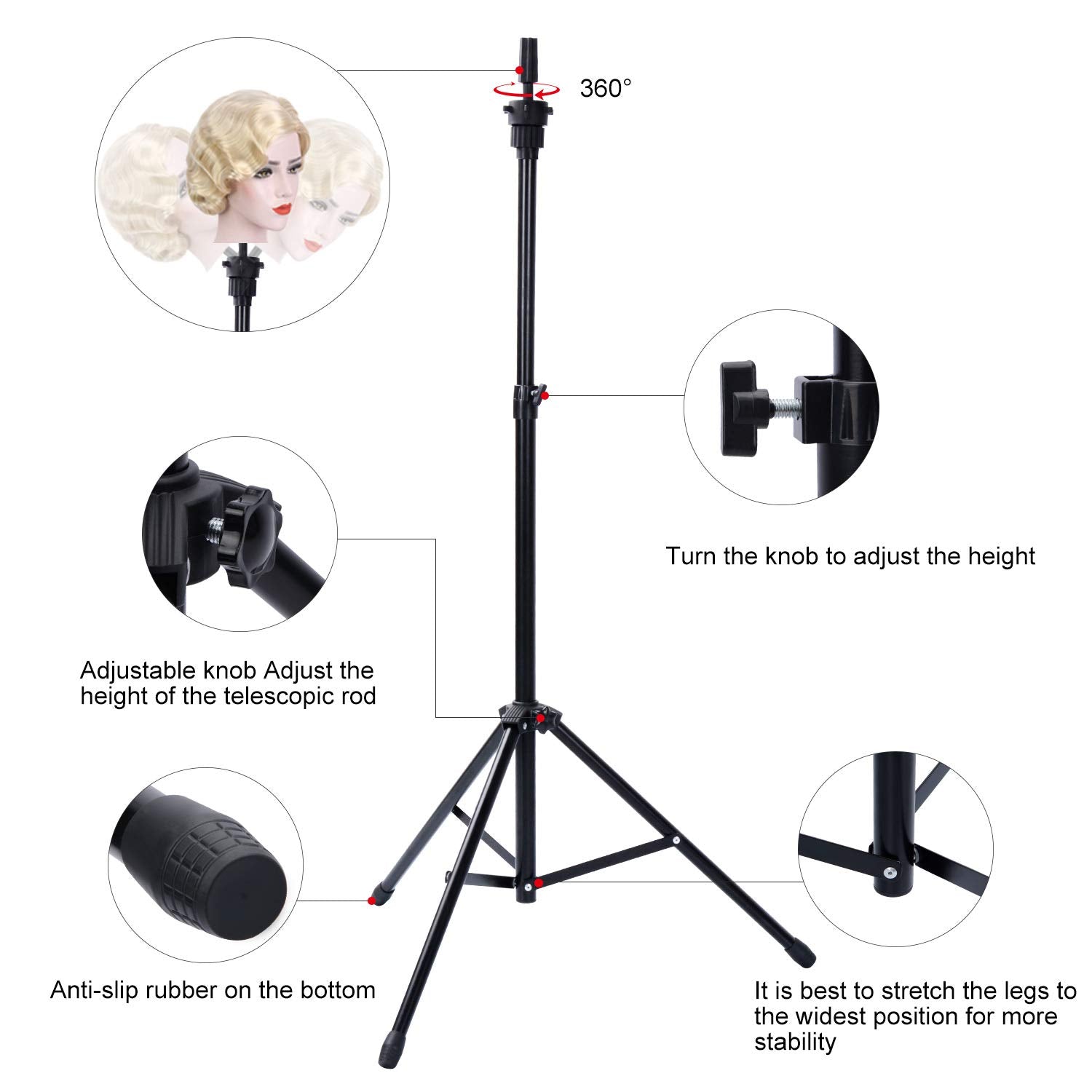 Portable black carrying bag with shoulder strap holding the folded metal wig tripod