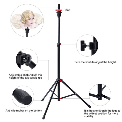 Portable black carrying bag with shoulder strap holding the folded metal wig tripod