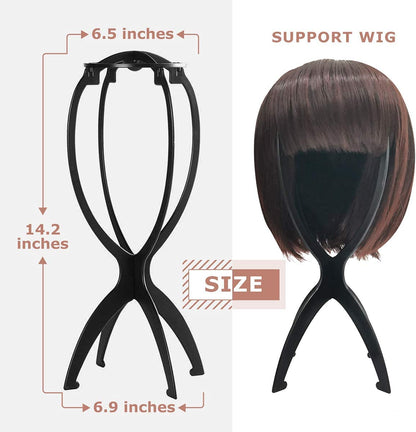 Dreamlover short wig stand holding a black synthetic hair extension to demonstrate height.