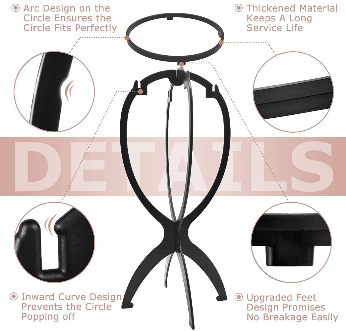 Dreamlover travel wig stand showing the interlocking base mechanism close up.