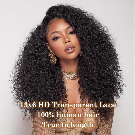 Close up view of the 13x6 HD transparent Swiss lace hairline on the pre plucked curly wig