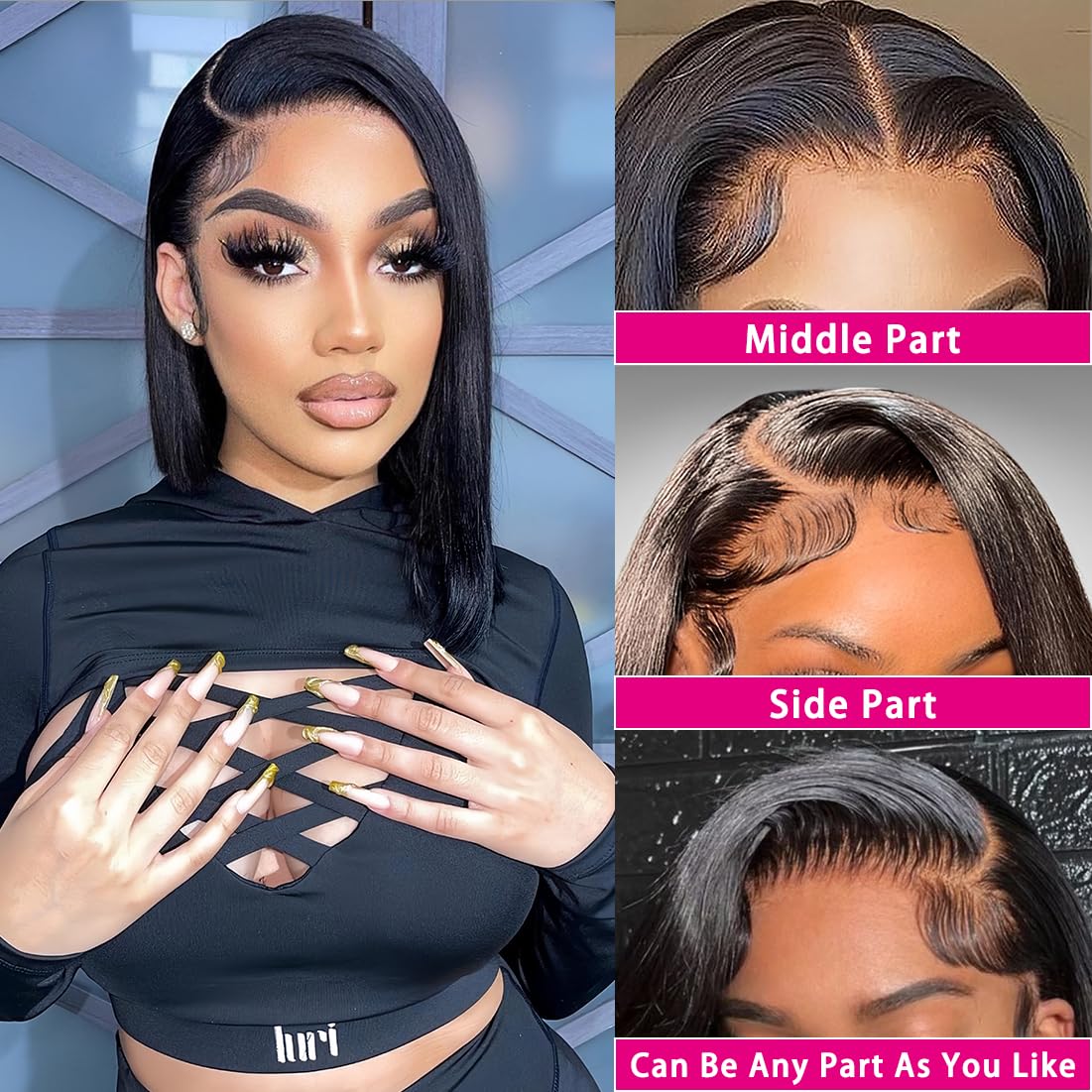 Kerberey short straight human hair wig side profile demonstrating the 10 inch blunt cut bob style