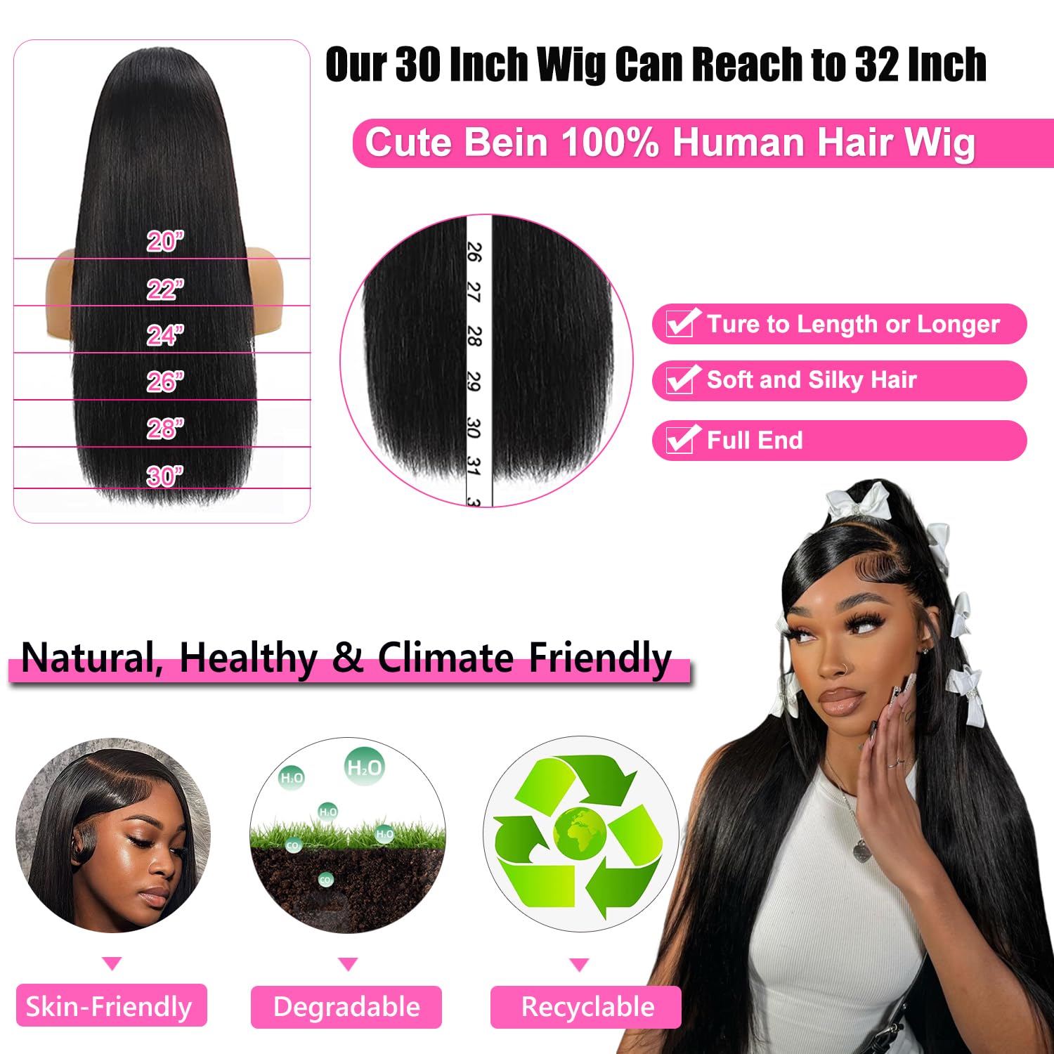 CUTE BEIN Premium Human Hair Wig packaged box view detailing high density luxury hair specifications