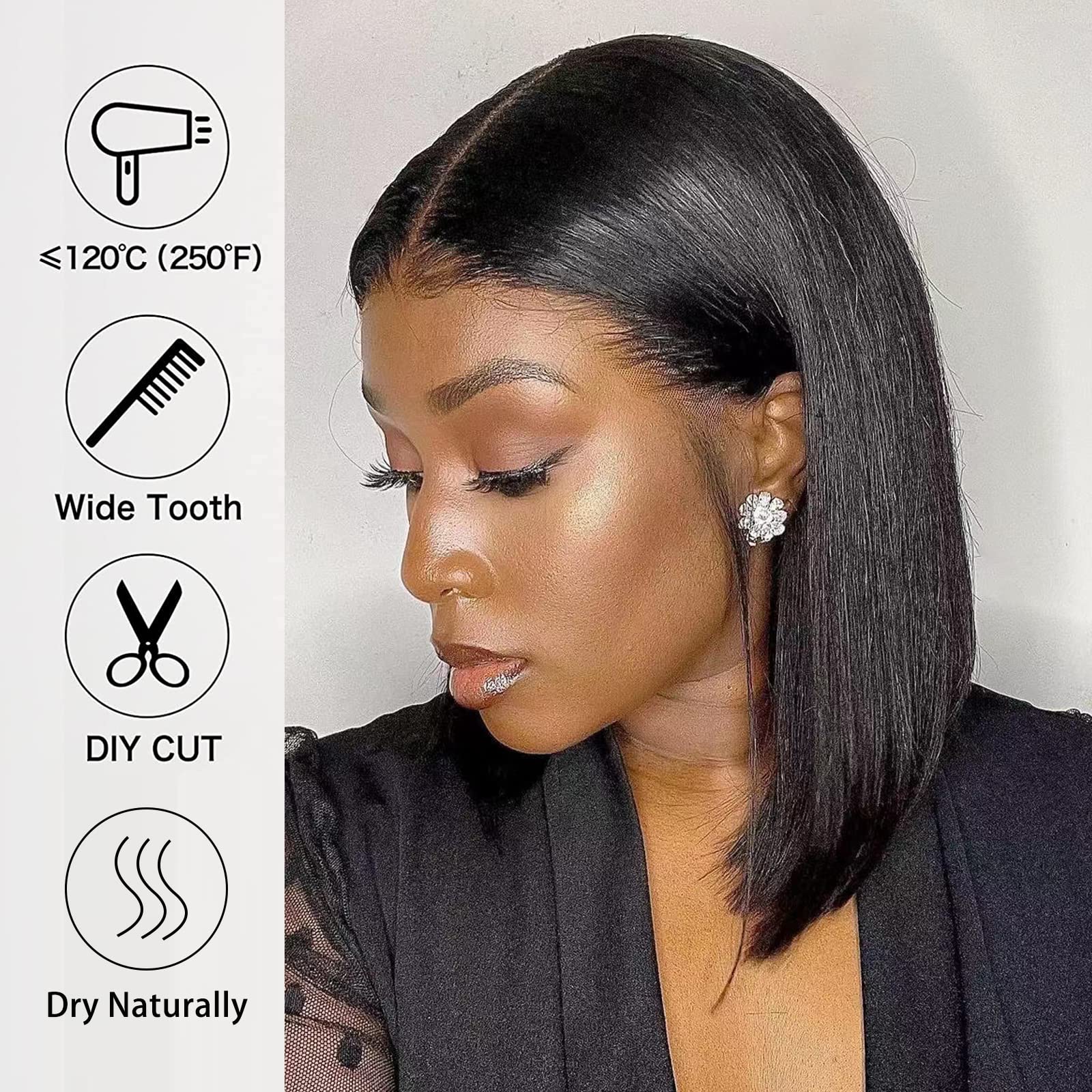 Model styling the natural color short bob wig into a sleek middle part look