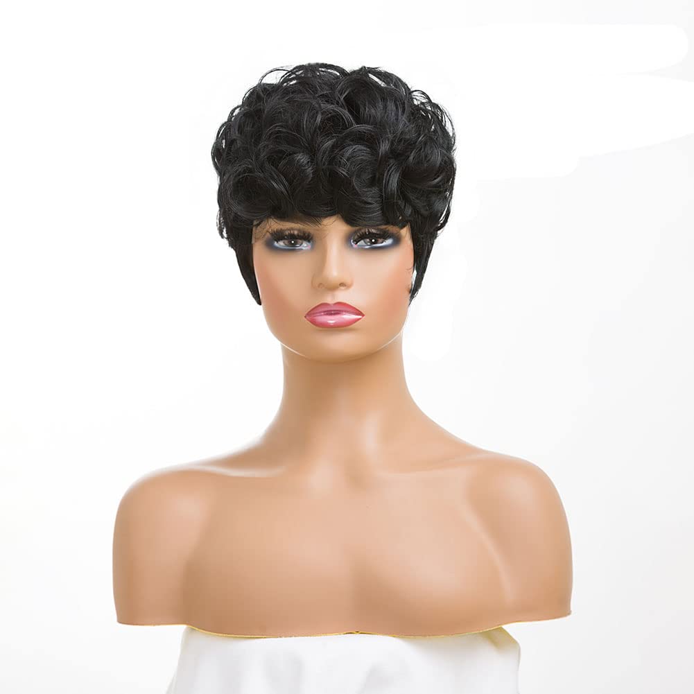 Side angle profile of MOONSHOW synthetic short curly hair wig highlighting the finger wave pattern.