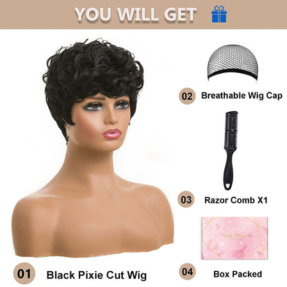 Back view of natural black pixie cut wig showing the clean tapered cut design.