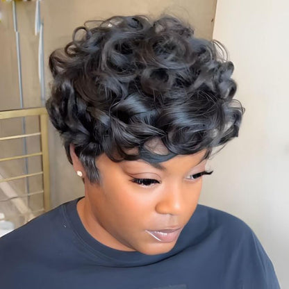 MOONSHOW natural black wavy pixie cut wig styled on a mannequin head.