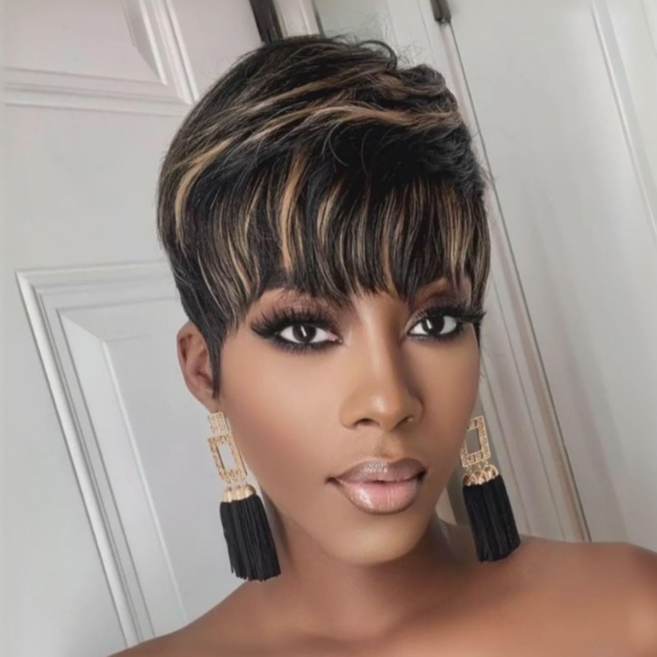 Side angle of Evasens short layered pixie haircut wig for women