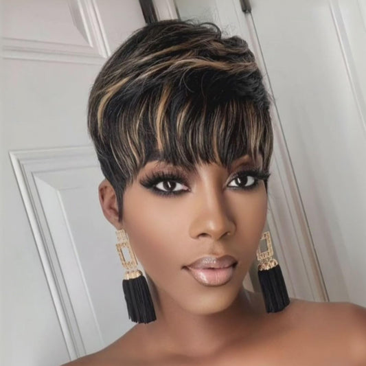 Side angle of Evasens short layered pixie haircut wig for women