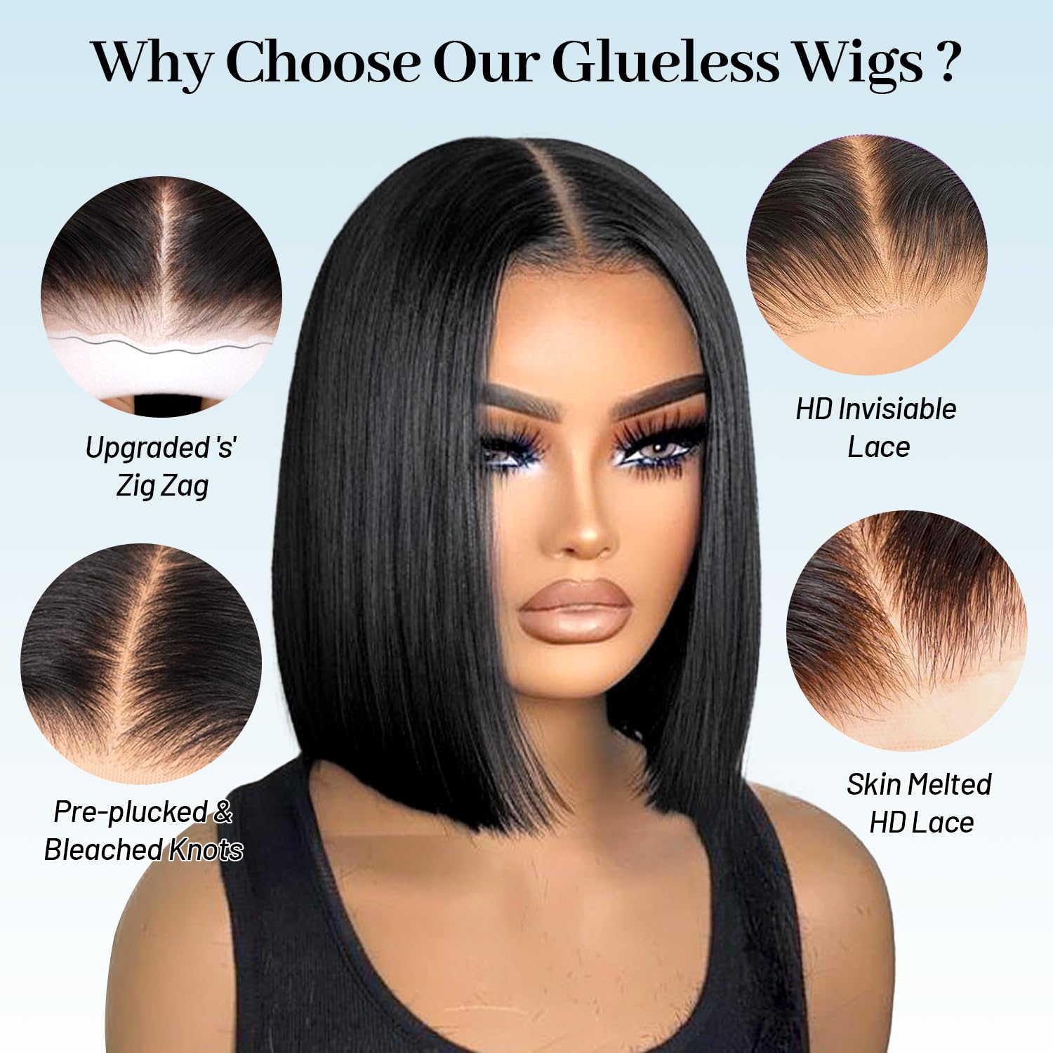 Close up of the pre-cut five-by-five HD transparent lace closure on the straight short bob hairpiece.