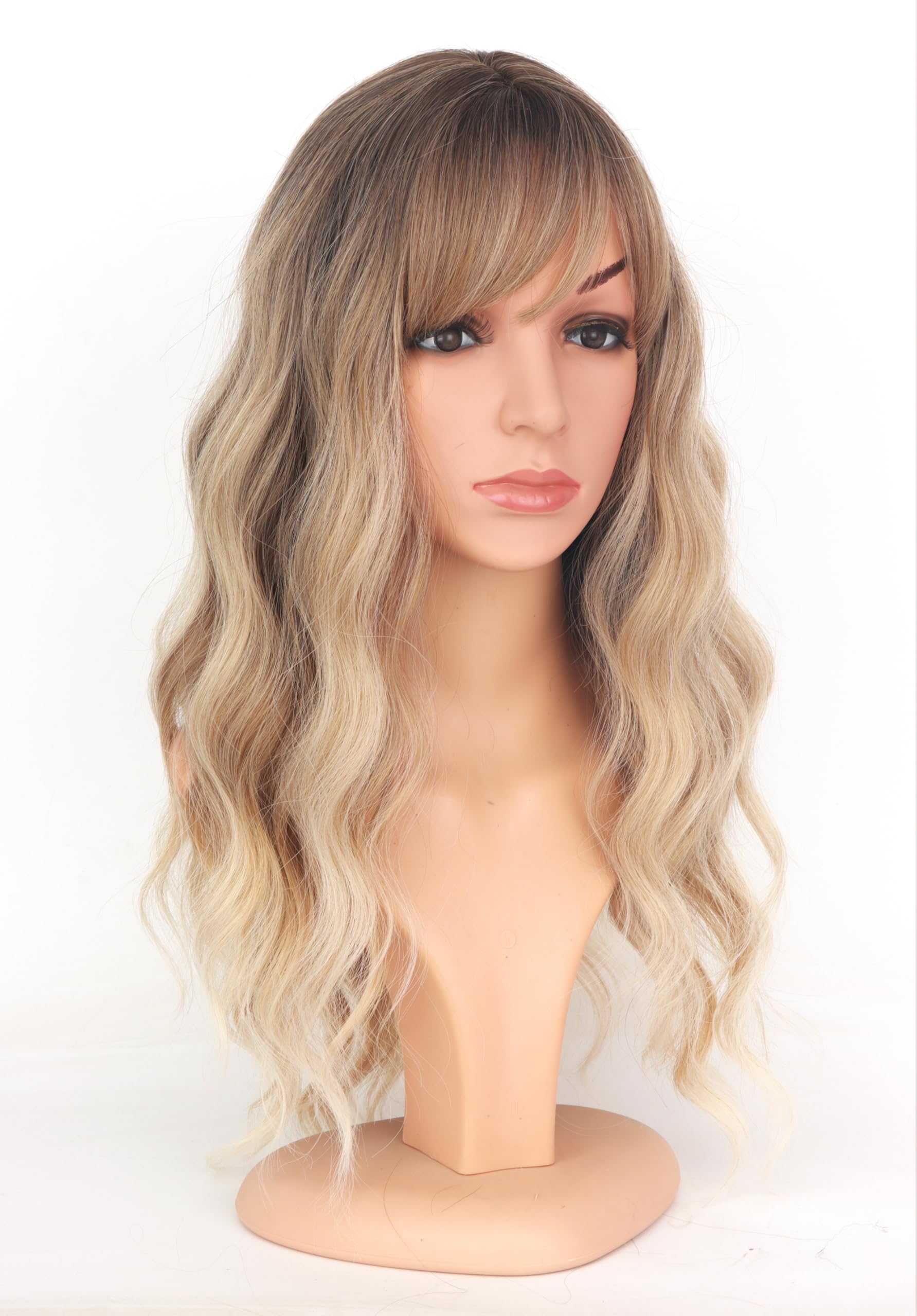 Medium long ash blonde synthetic wig with dark roots displayed on a mannequin head