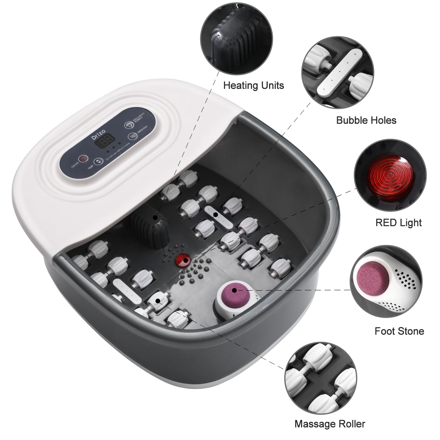 Side view of Drizo foot massager with digital temperature display