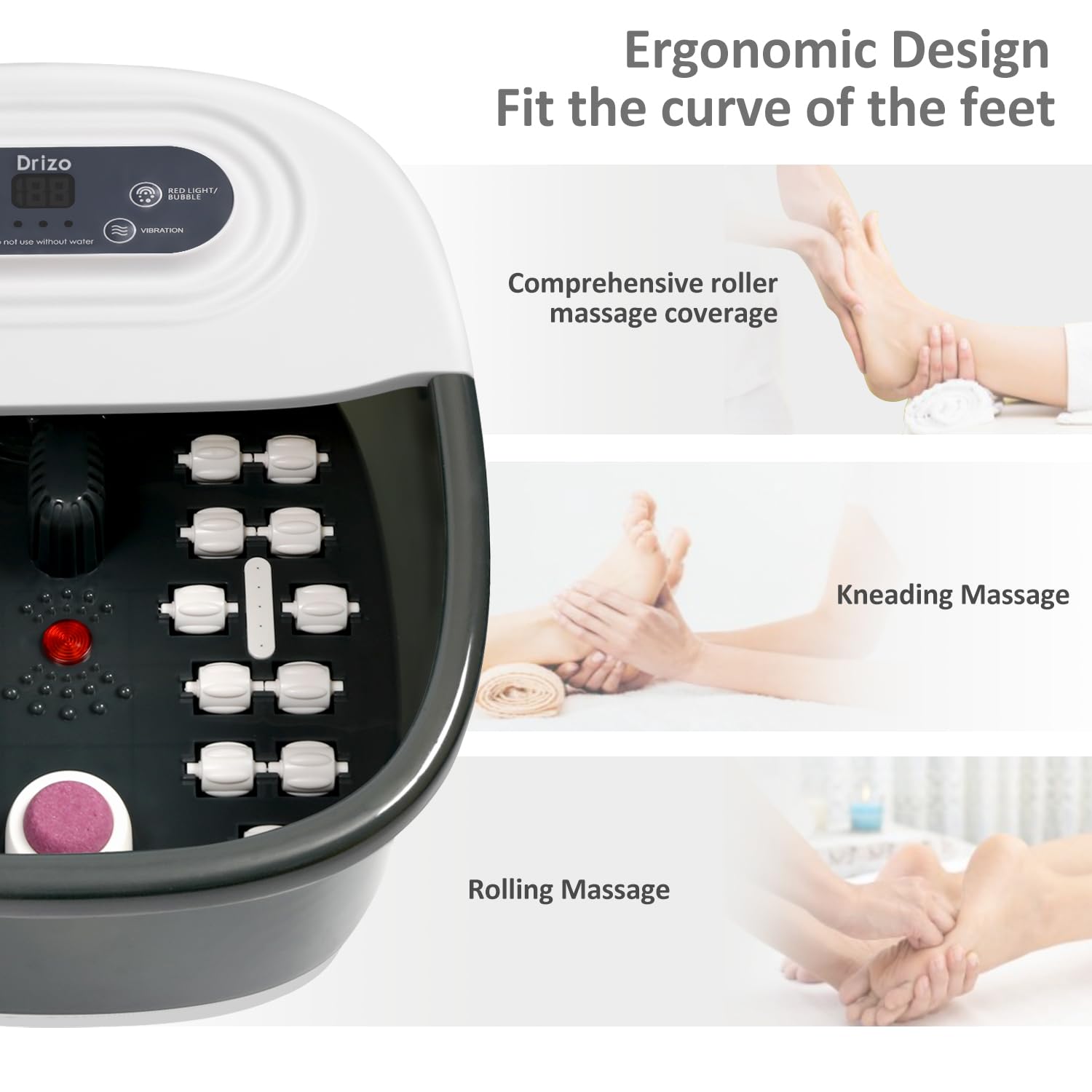 Close up of Drizo foot spa red light and bubble feature