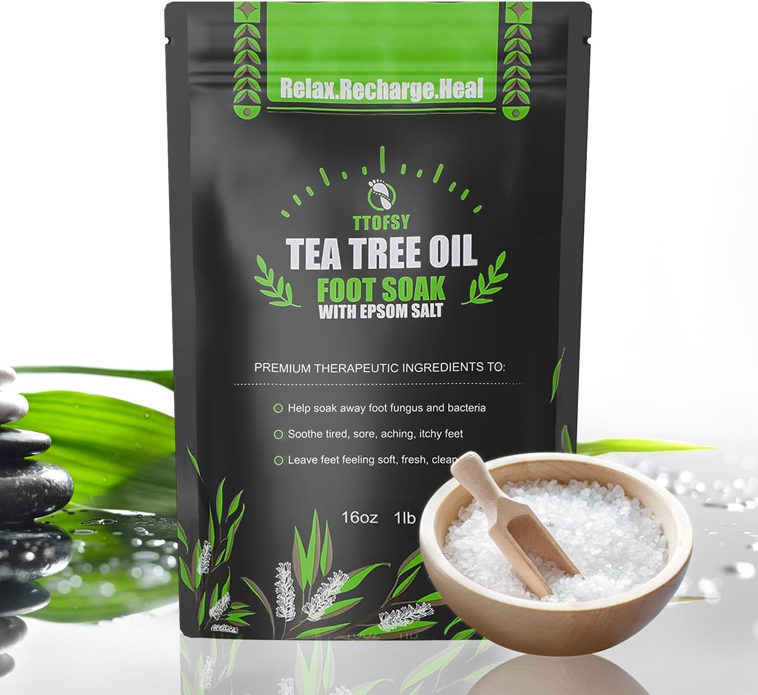 Included 16 Fluid Ounce tea tree oil and Epsom salt soak