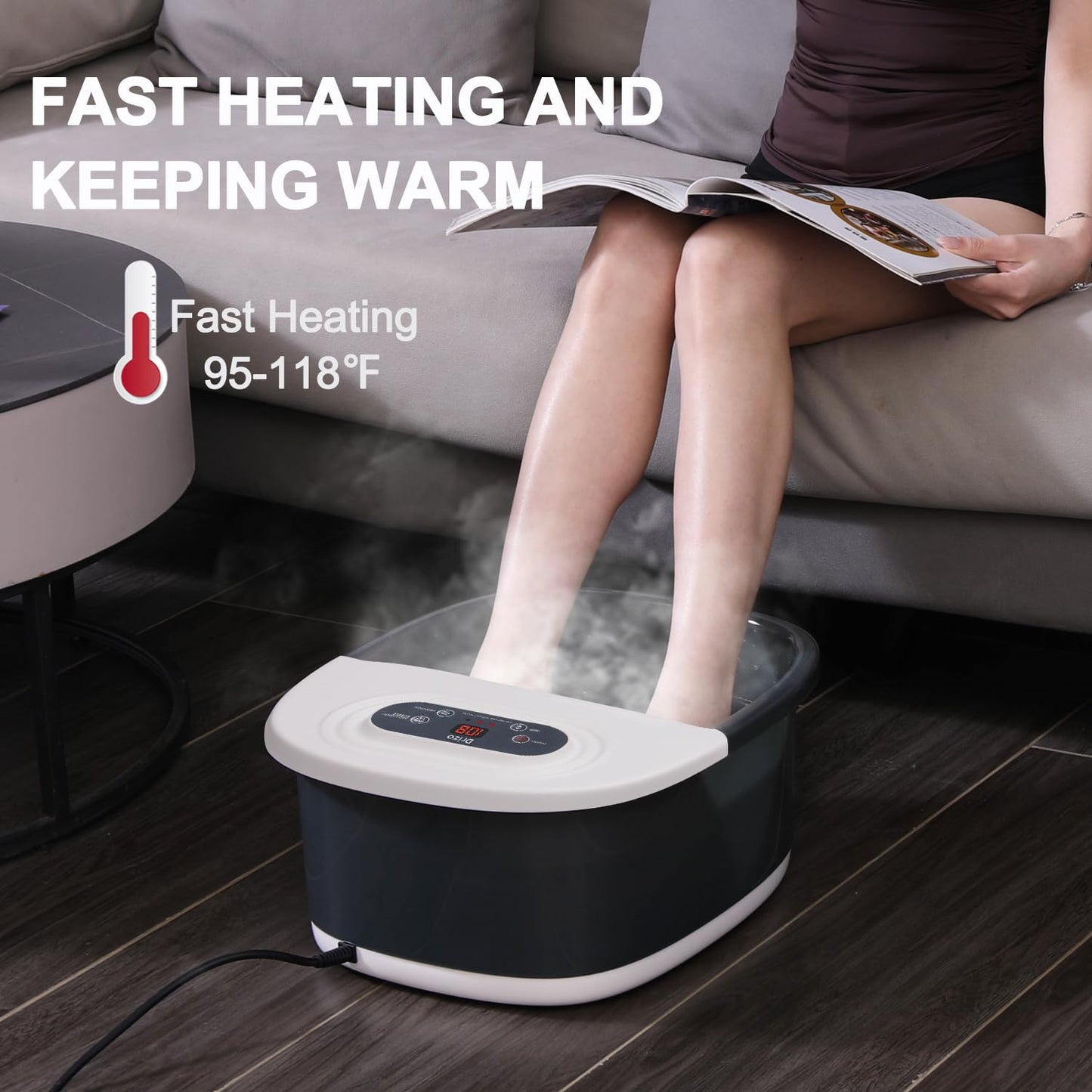 Drizo foot bath massager showing spacious interior for feet