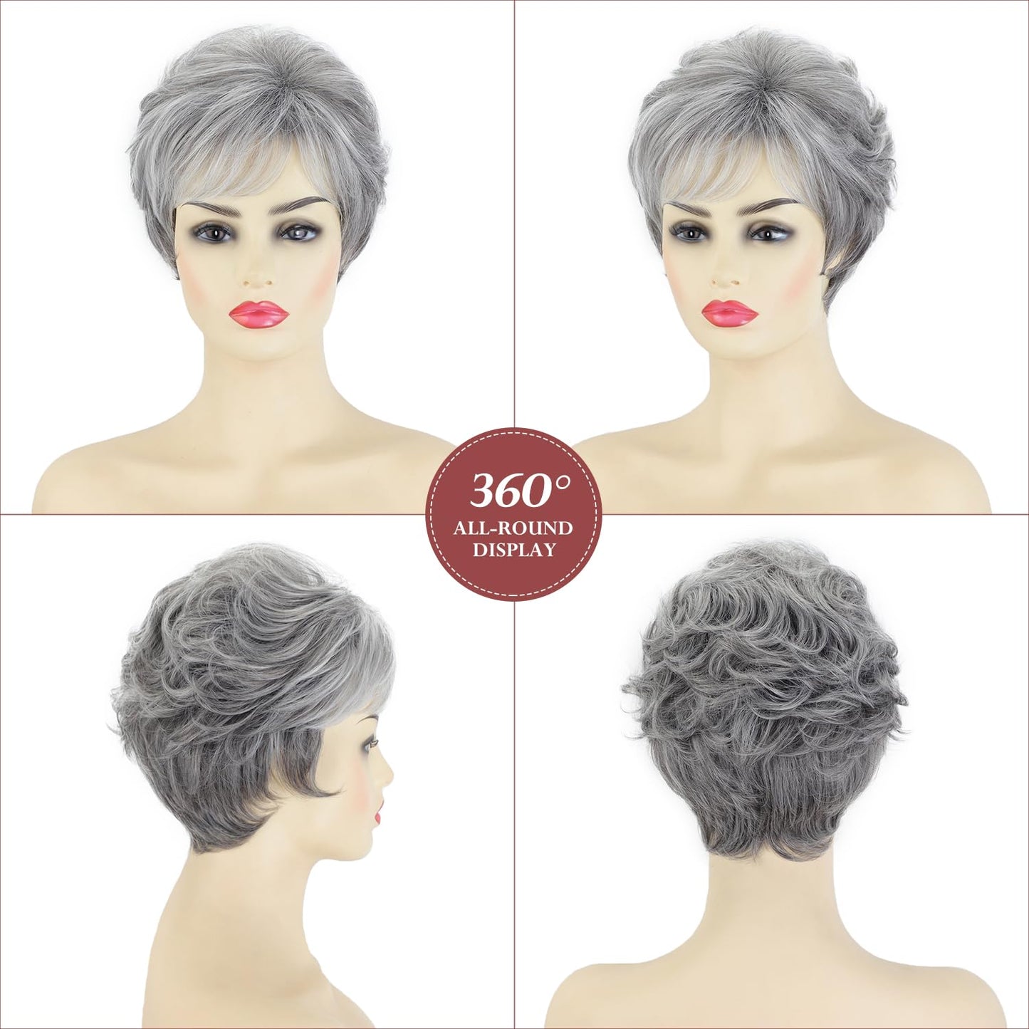 Back view of the layered gray synthetic wig highlighting the extended nape design