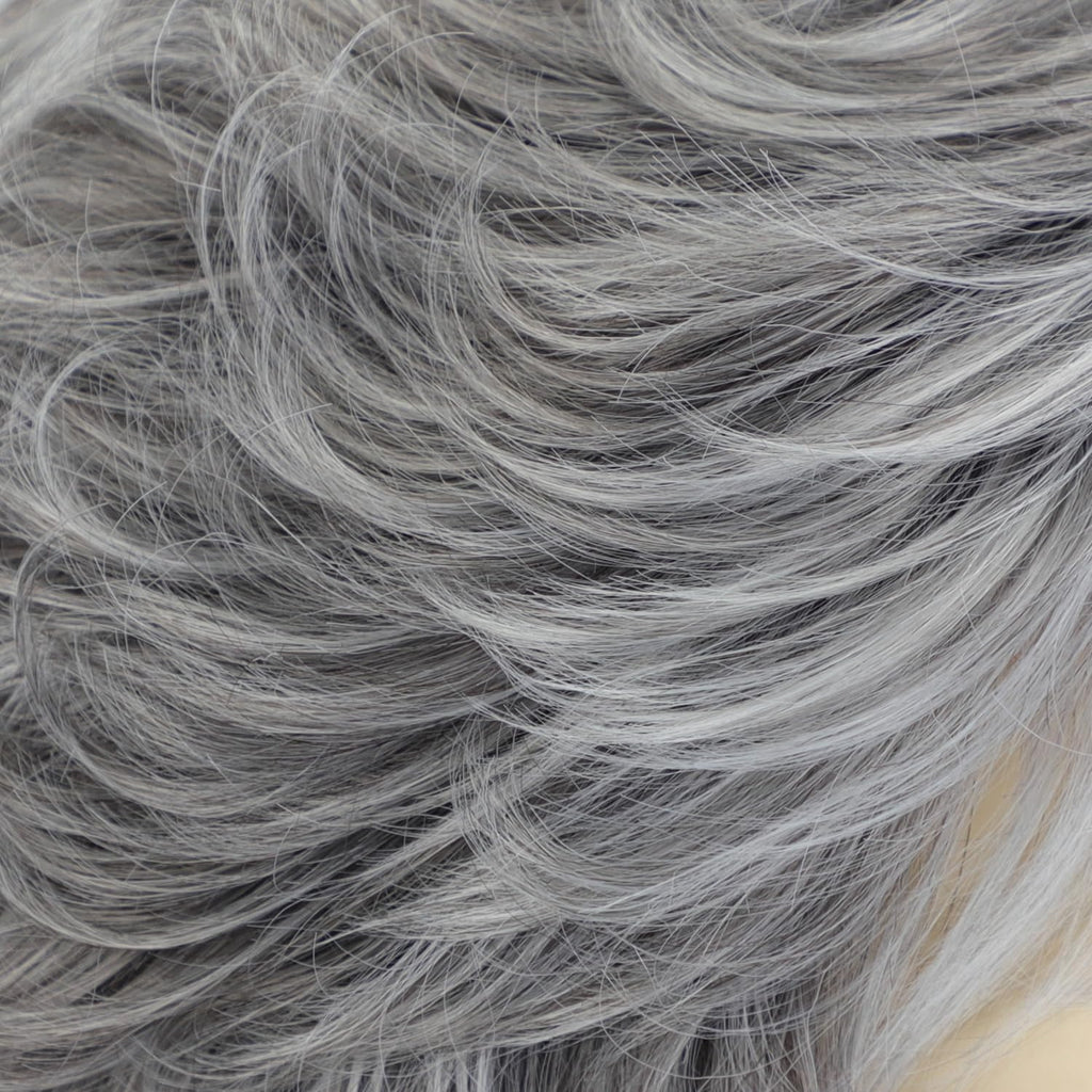 On-model showcase of the realistic looking grey ombre short hairstyle wig with bangs