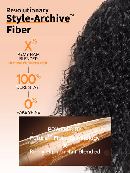 Model showcasing GORGIUS Veralux blend curly wig with face framing curtain bangs in daylight