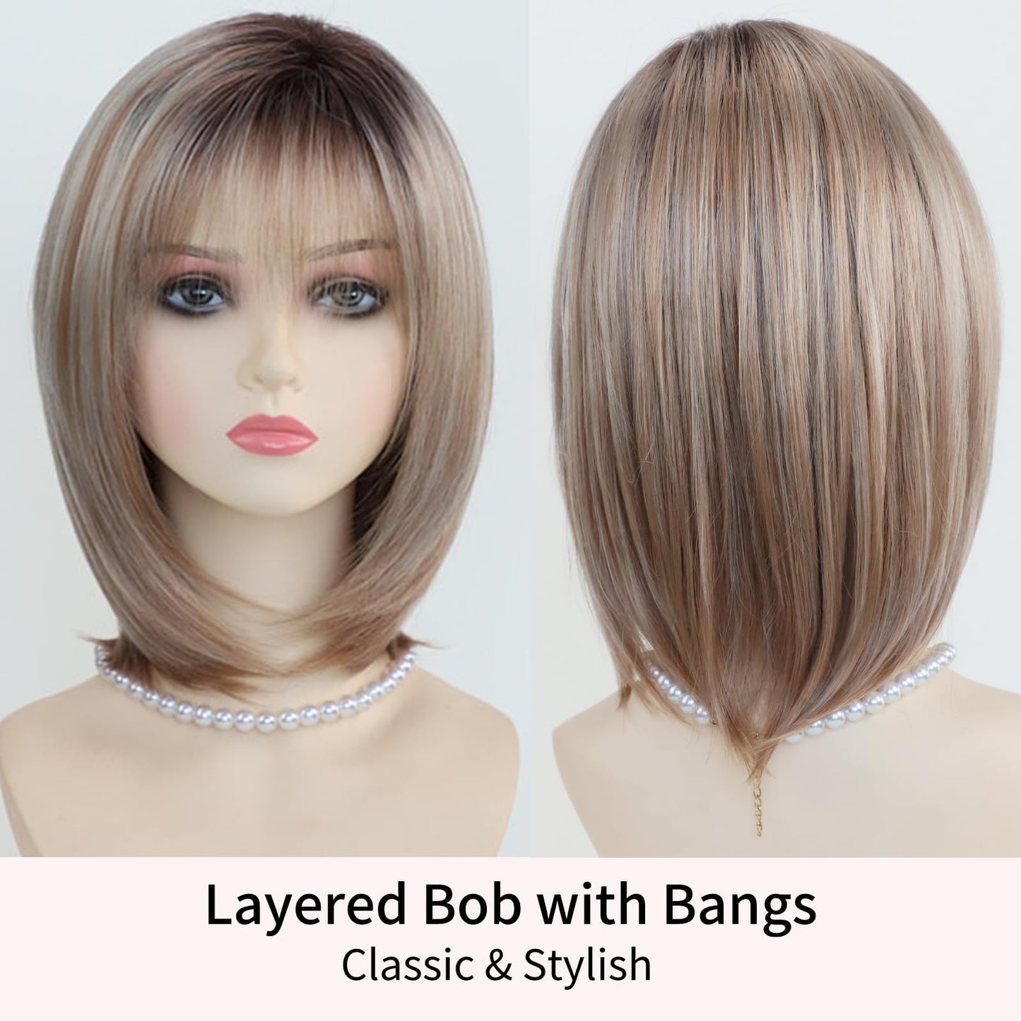 Close-up of the twelve inch layered straight bob haircuts highlighting multi-tonal blonde color.