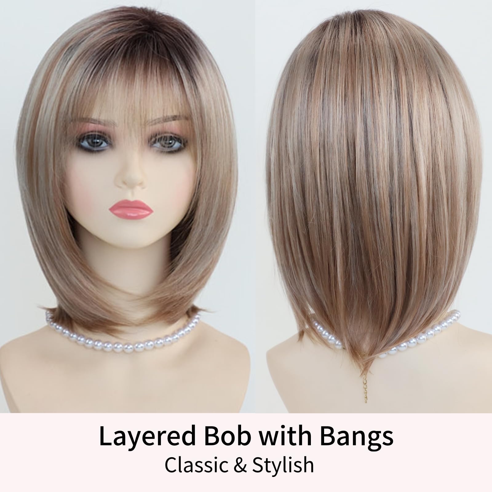 Close-up of the twelve inch layered straight bob haircuts highlighting multi-tonal blonde color.