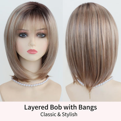 Close-up of the twelve inch layered straight bob haircuts highlighting multi-tonal blonde color.