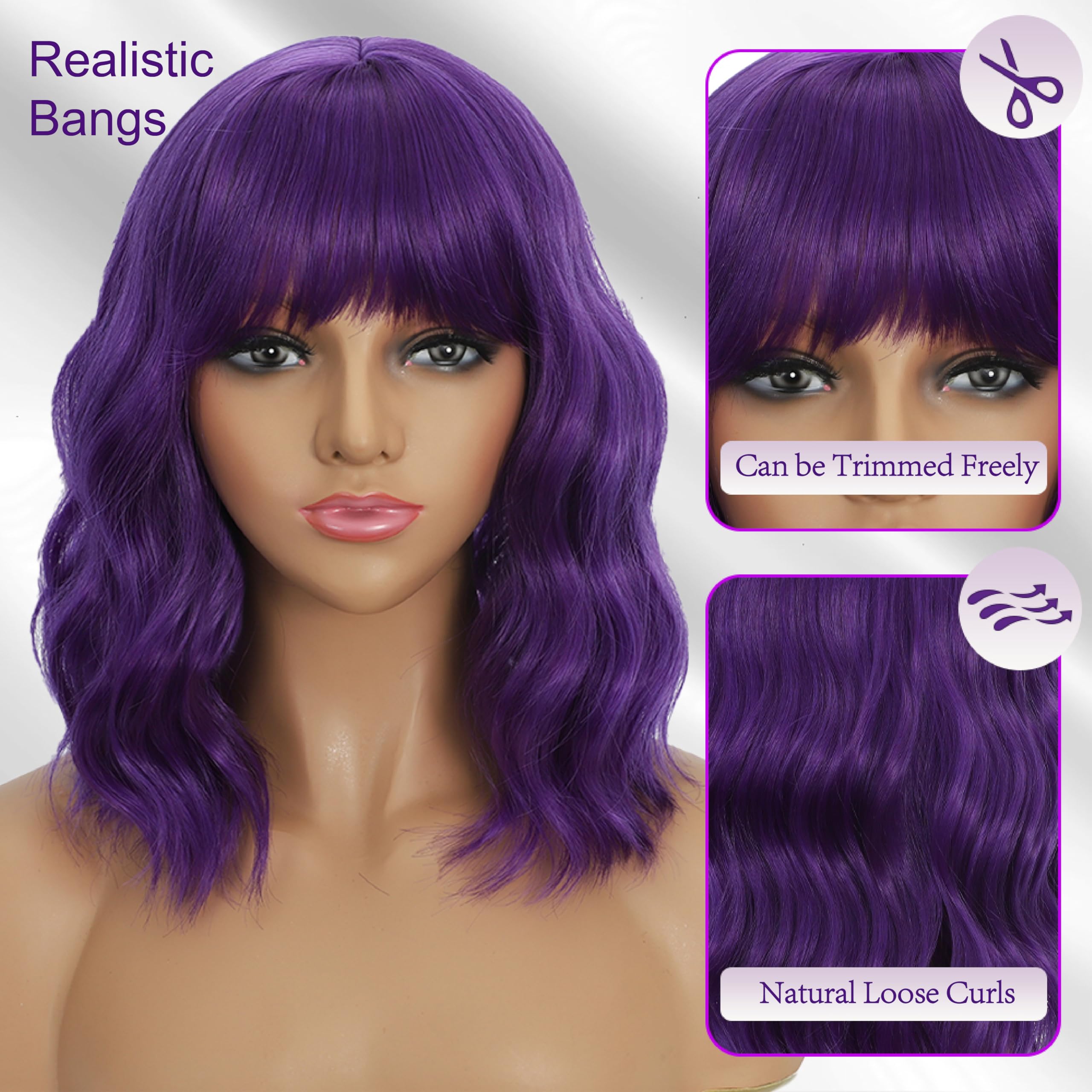 Mxayhnajxl 14 inch colorful curly purple wig displaying fluffy natural texture