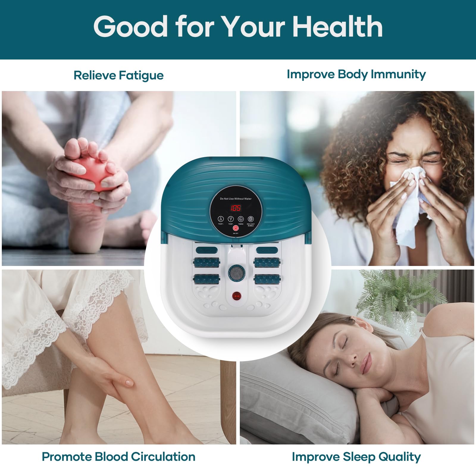 User enjoying bubble and heat feature in CureCure foot bath