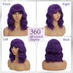 Mxayhnajxl deep purple bob wig with bangs side profile view on a model