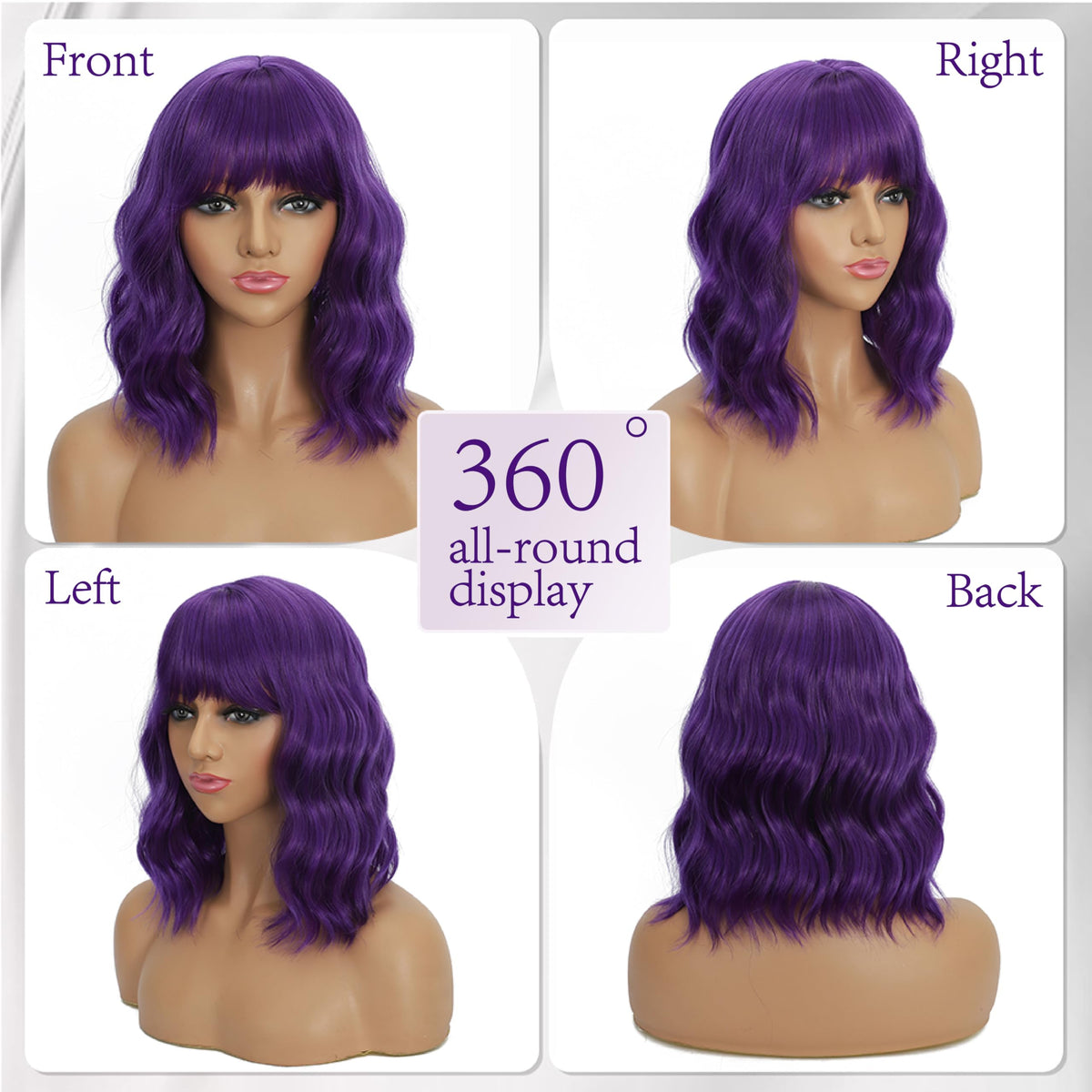 Mxayhnajxl deep purple bob wig with bangs side profile view on a model