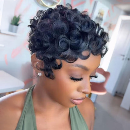 Side angle profile of the short layered Brazilian curly glueless hairpiece in natural black color.