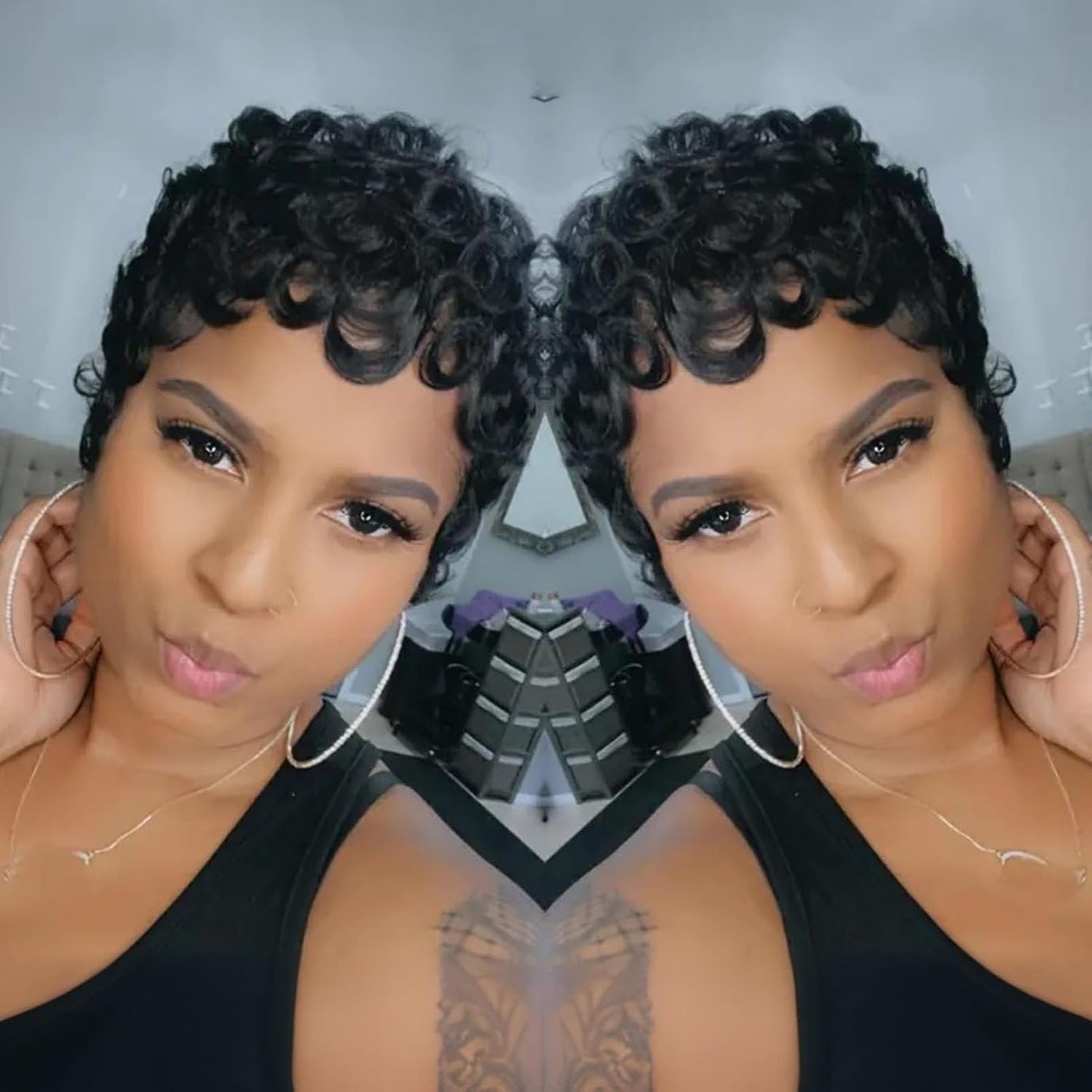 Model wearing the realistic VRZ short pixie cut style for a casual daily look lookbook.