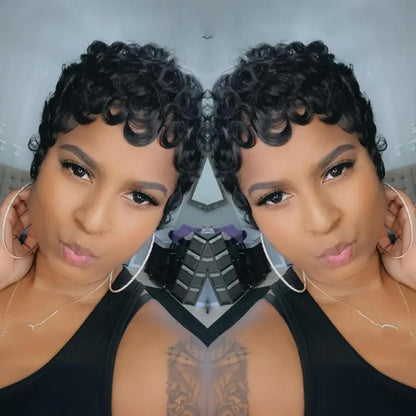Model wearing the realistic VRZ short pixie cut style for a casual daily look lookbook.