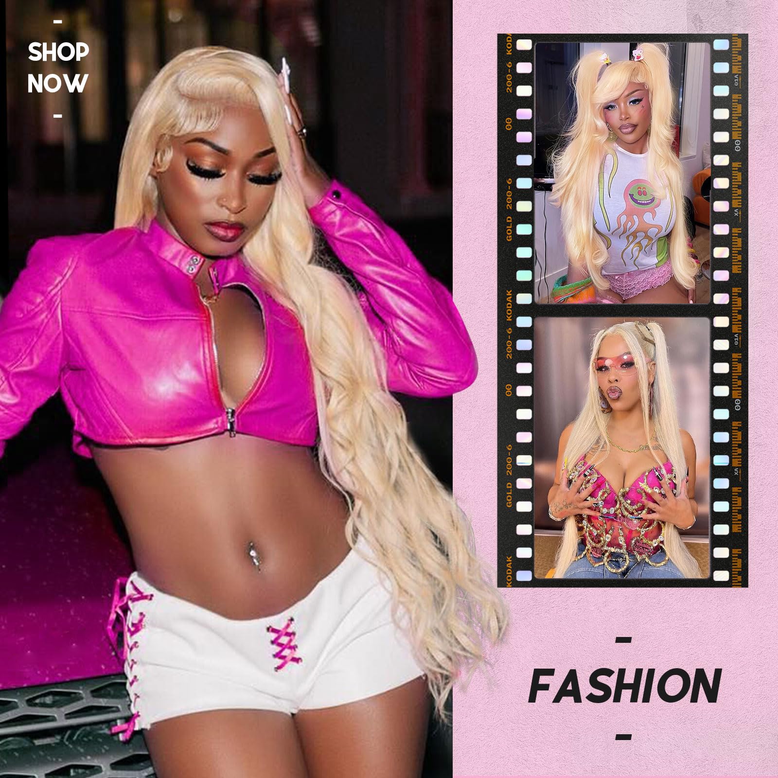 Side profile of the 200 density blonde human hair body wave wig highlighting volume