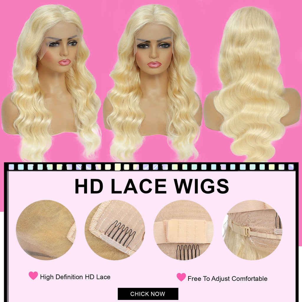 MIGURA 613 blonde lace frontal wig styled in a high half-up ponytail to show parting versatility