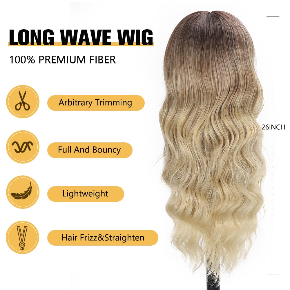 Long curly wavy blonde synthetic hair wig with dark brown roots.