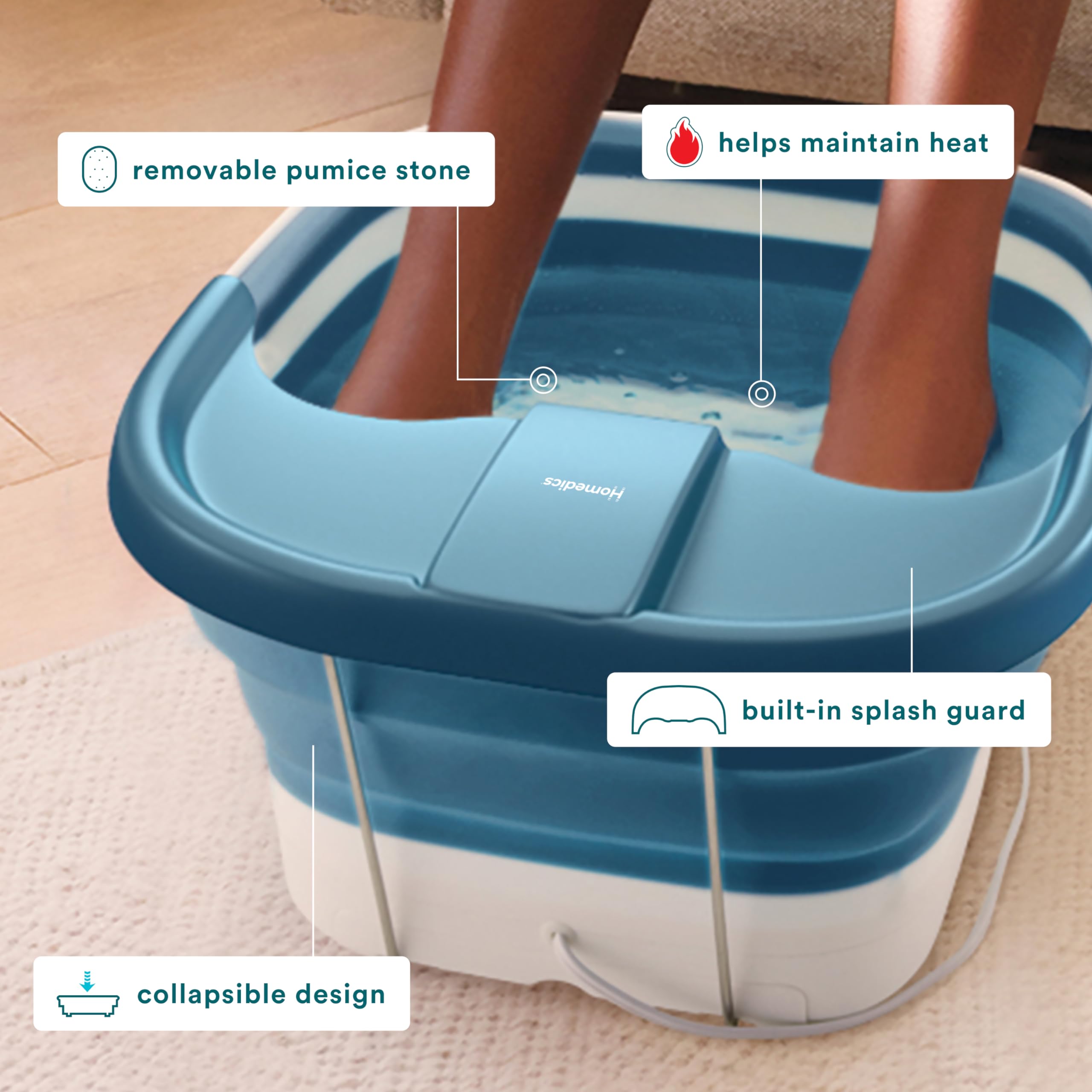 Top view of blue Homedics foot spa with splash guard
