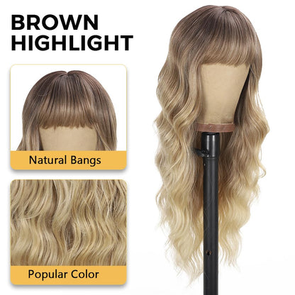 Close up of realistic face framing bangs on an ombre blonde wig.