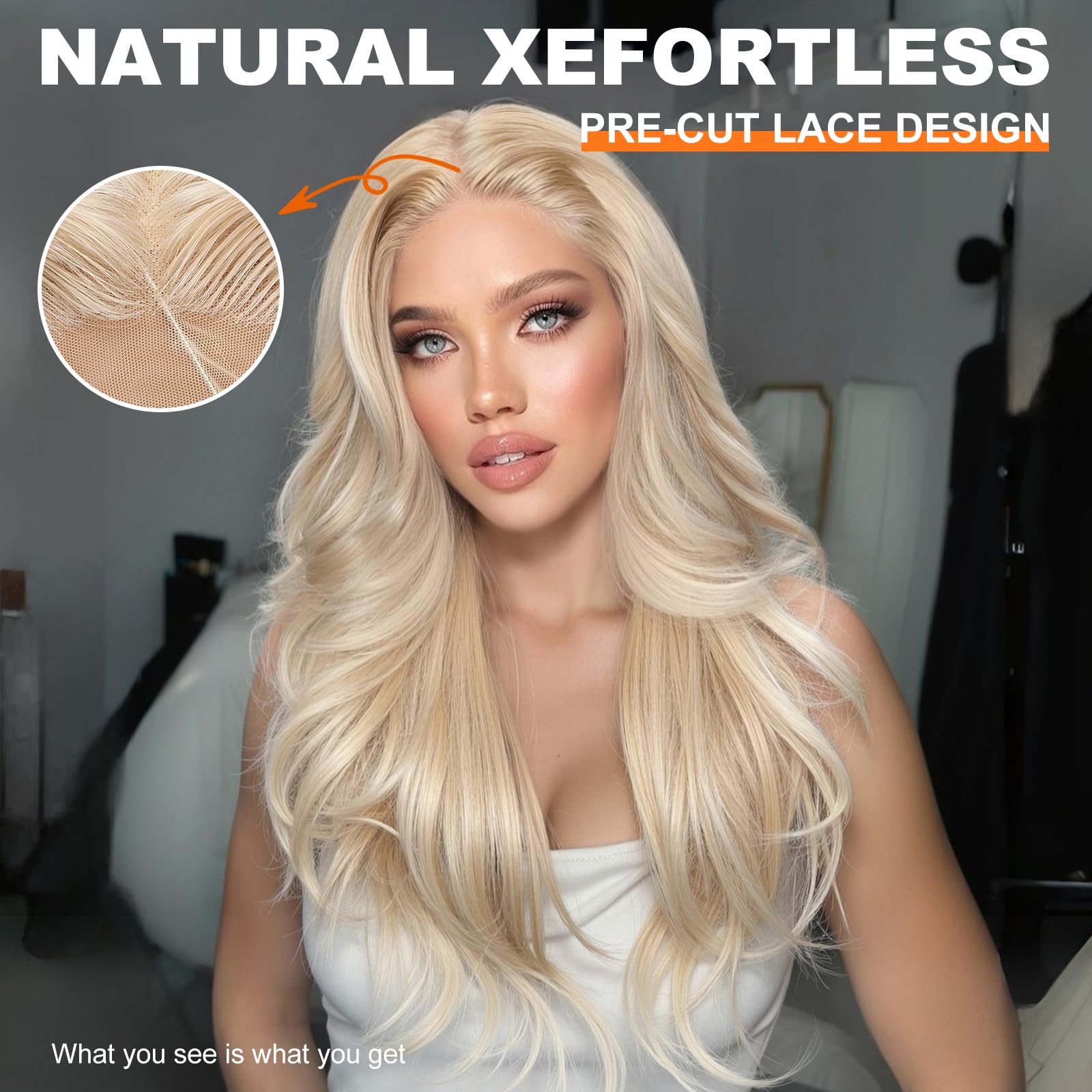 Close up view of the invisible 13x4 HD lace hairline on the KOME blonde synthetic wig