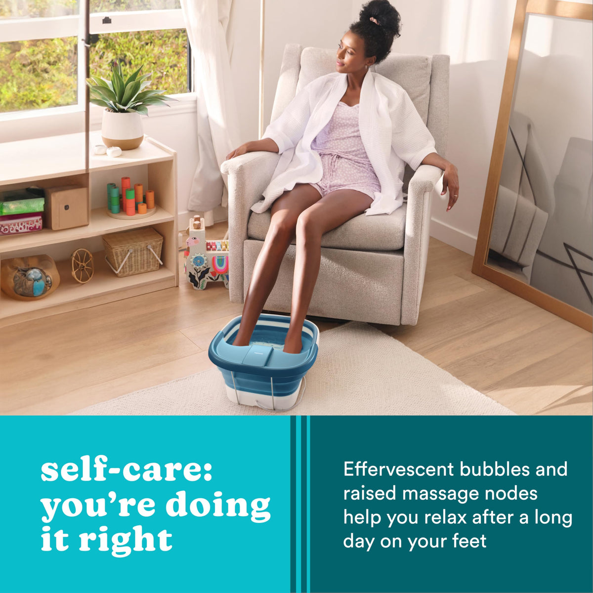 Lifestyle image of a person relaxing with the Homedics foot spa at home
