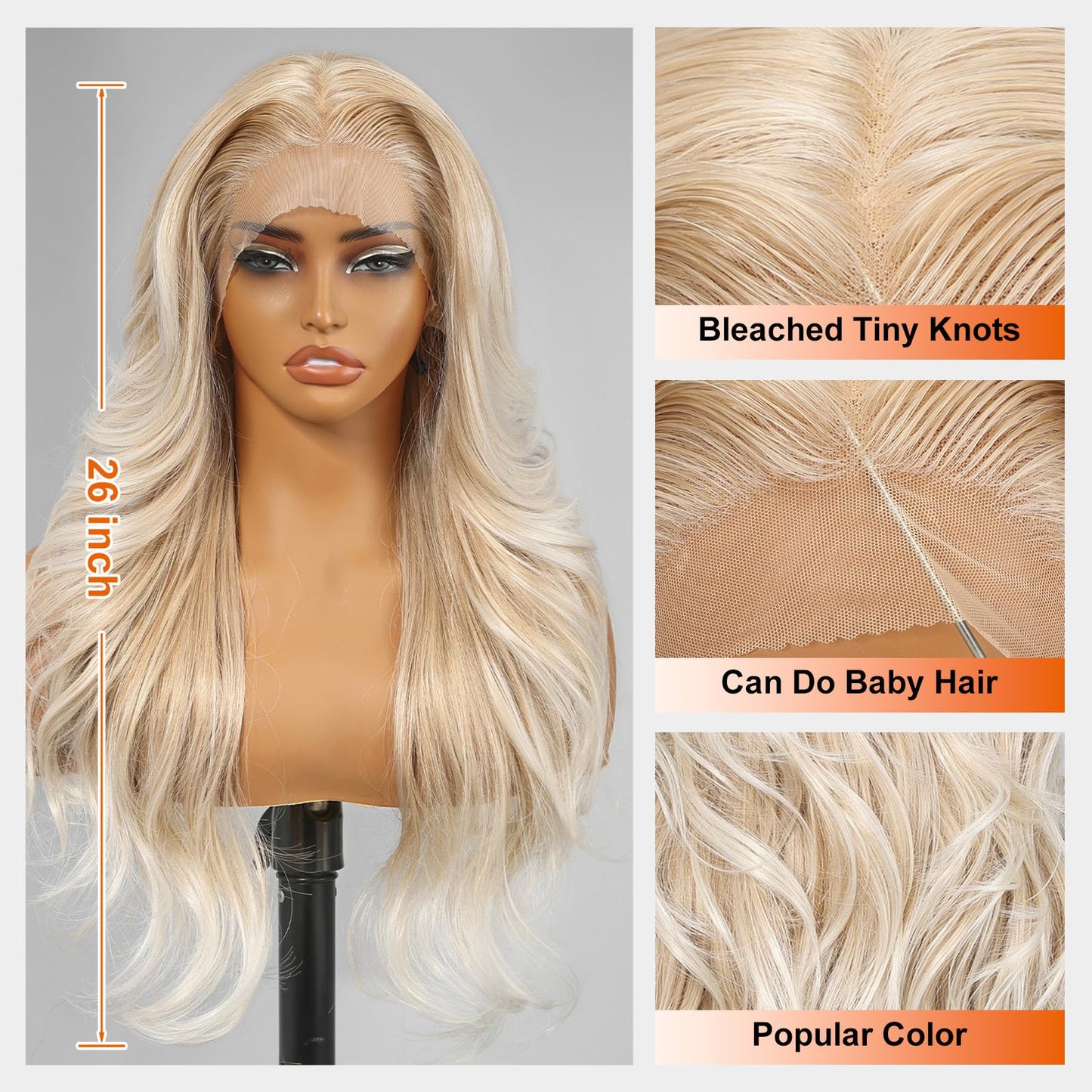 Side angle profile displaying the 26 inch layered wave texture of the KOME blonde wig