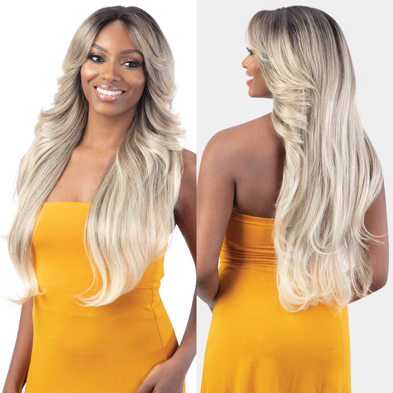 Heat resistant synthetic hair fibers showing the voluminous nineties style blowout curl pattern