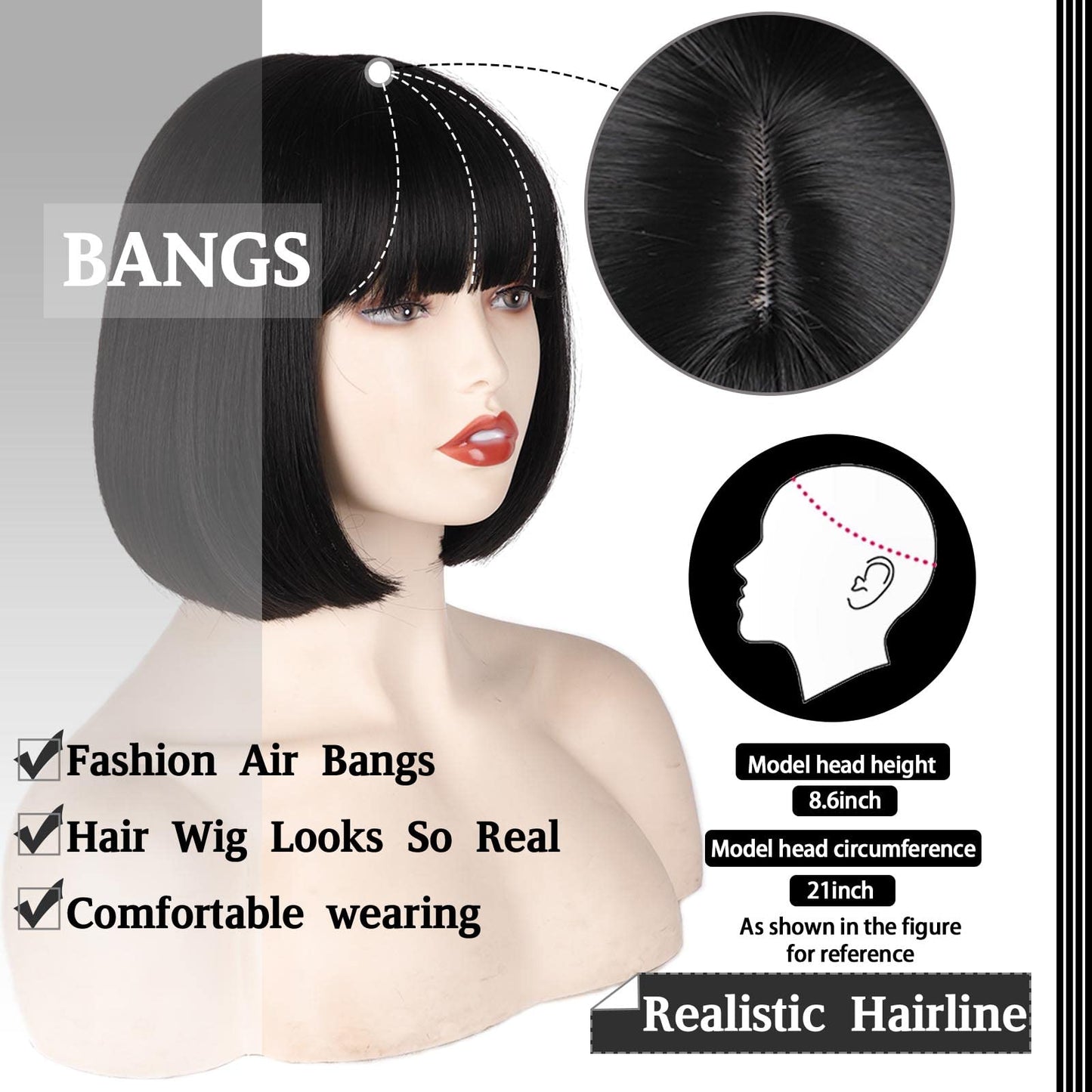WERD synthetic short hair wig close up view of straight bangs